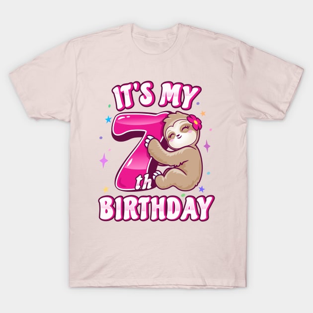 Its My 7th Birthday Girls Sloth T-Shirt by PnJ